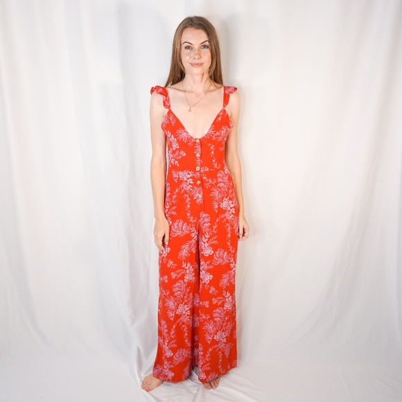 Free People Pants - Free People Be The One Jumpsuit Ruffle Red Floral